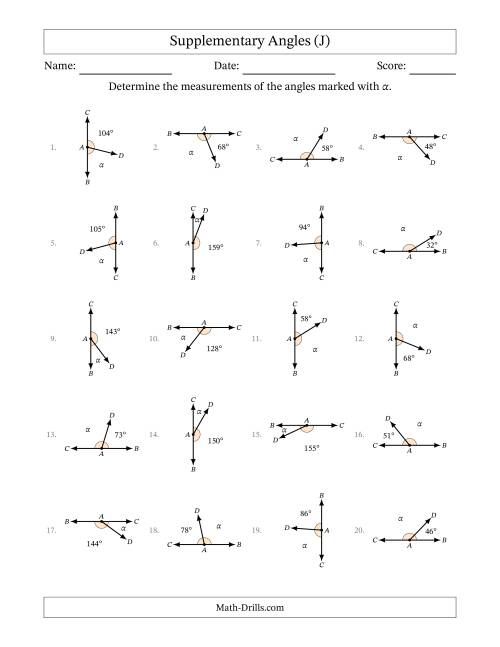 The Supplementary Angle Relationships with Rotated Diagrams (J) Math Worksheet