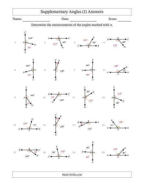 The Supplementary Angle Relationships with Rotated Diagrams (J) Math Worksheet Page 2