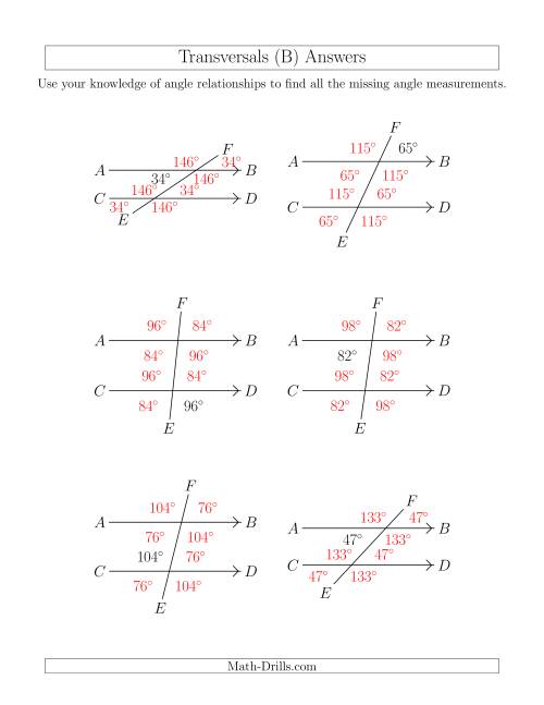 The Angle Relationships in Transversals (B) Math Worksheet Page 2