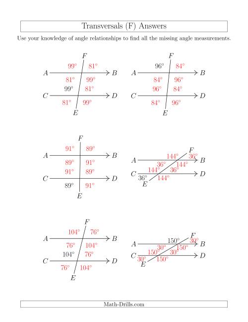 The Angle Relationships in Transversals (F) Math Worksheet Page 2
