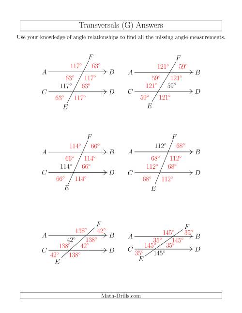The Angle Relationships in Transversals (G) Math Worksheet Page 2