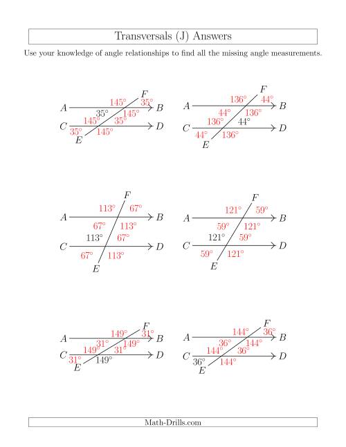 The Angle Relationships in Transversals (J) Math Worksheet Page 2