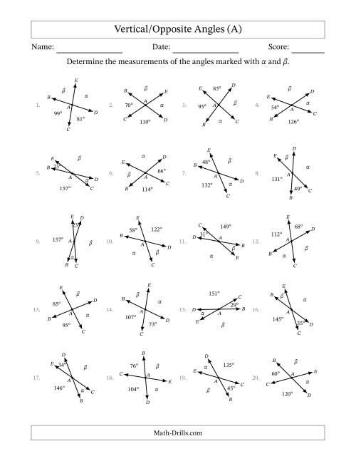 The Vertical/Opposite Angle Relationships with Rotated Diagrams (A) Math Worksheet