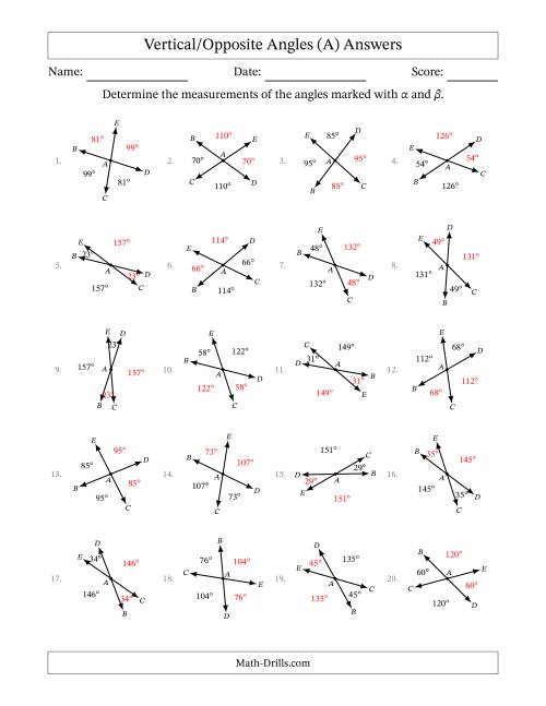 The Vertical/Opposite Angle Relationships with Rotated Diagrams (A) Math Worksheet Page 2