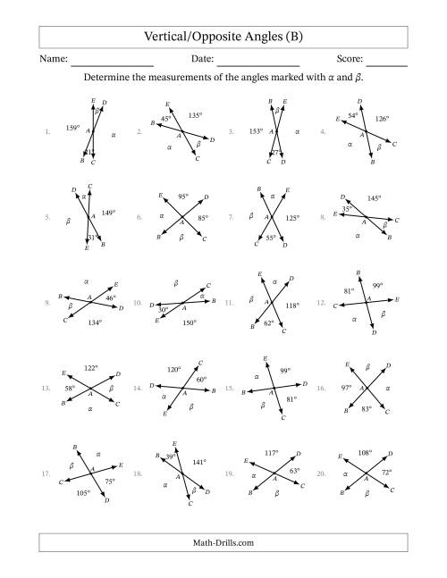 The Vertical/Opposite Angle Relationships with Rotated Diagrams (B) Math Worksheet