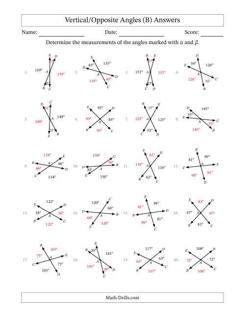 The Vertical/Opposite Angle Relationships with Rotated Diagrams (B) Math Worksheet Page 2