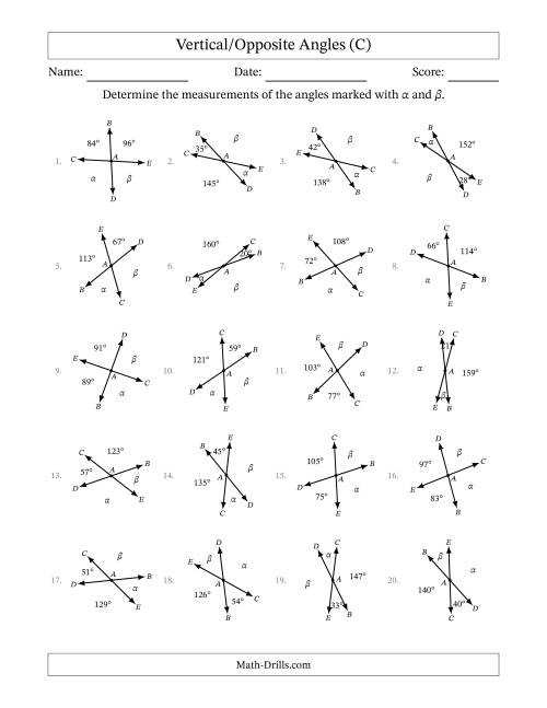 The Vertical/Opposite Angle Relationships with Rotated Diagrams (C) Math Worksheet