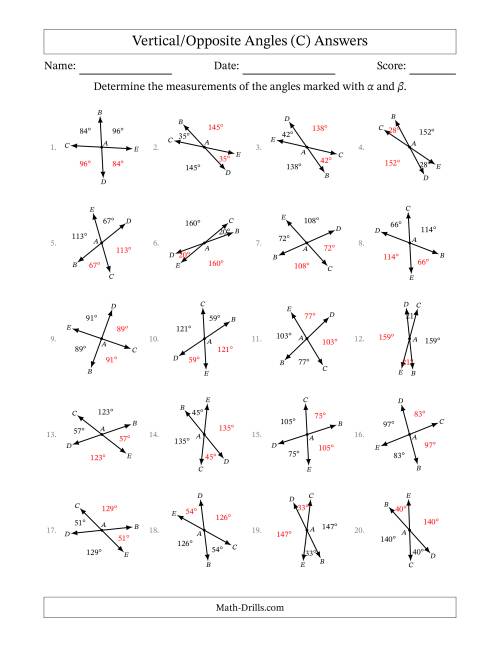The Vertical/Opposite Angle Relationships with Rotated Diagrams (C) Math Worksheet Page 2