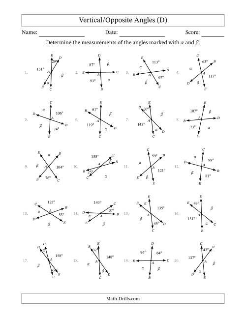 The Vertical/Opposite Angle Relationships with Rotated Diagrams (D) Math Worksheet