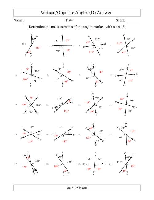 The Vertical/Opposite Angle Relationships with Rotated Diagrams (D) Math Worksheet Page 2