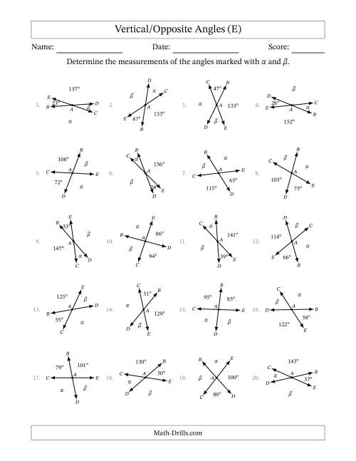 The Vertical/Opposite Angle Relationships with Rotated Diagrams (E) Math Worksheet
