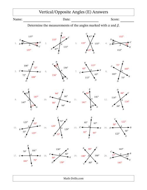 The Vertical/Opposite Angle Relationships with Rotated Diagrams (E) Math Worksheet Page 2