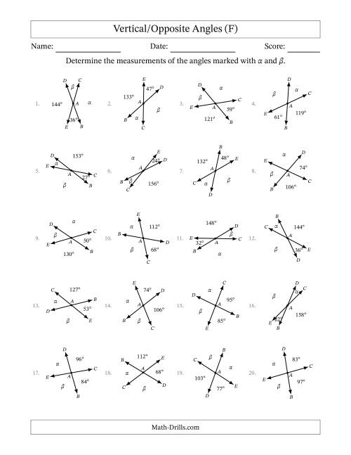 The Vertical/Opposite Angle Relationships with Rotated Diagrams (F) Math Worksheet
