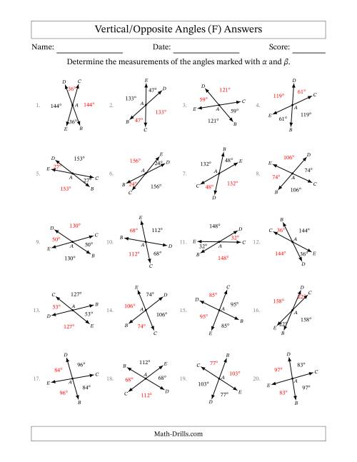 The Vertical/Opposite Angle Relationships with Rotated Diagrams (F) Math Worksheet Page 2
