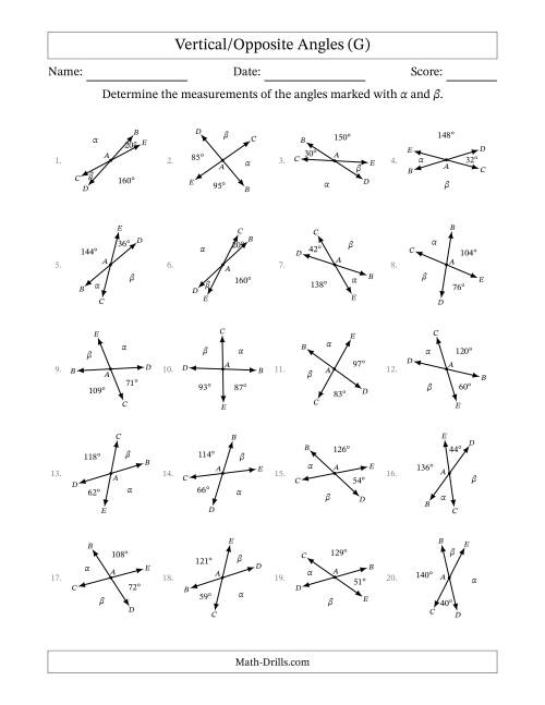 The Vertical/Opposite Angle Relationships with Rotated Diagrams (G) Math Worksheet