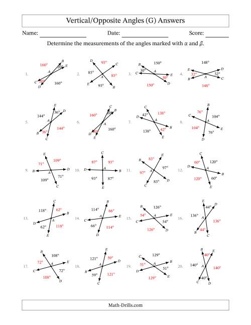 The Vertical/Opposite Angle Relationships with Rotated Diagrams (G) Math Worksheet Page 2