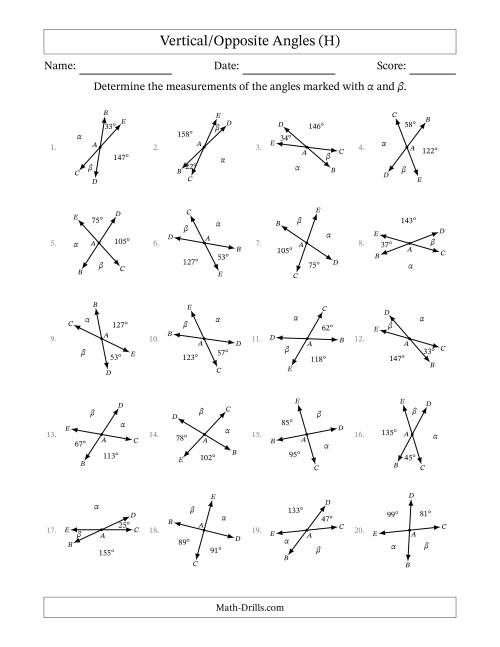 The Vertical/Opposite Angle Relationships with Rotated Diagrams (H) Math Worksheet