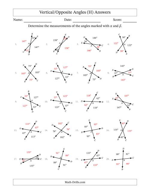 The Vertical/Opposite Angle Relationships with Rotated Diagrams (H) Math Worksheet Page 2