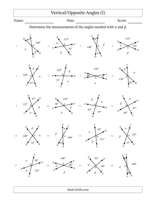 The Vertical/Opposite Angle Relationships with Rotated Diagrams (I) Math Worksheet