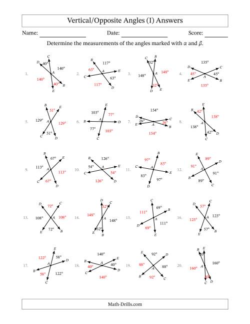 The Vertical/Opposite Angle Relationships with Rotated Diagrams (I) Math Worksheet Page 2
