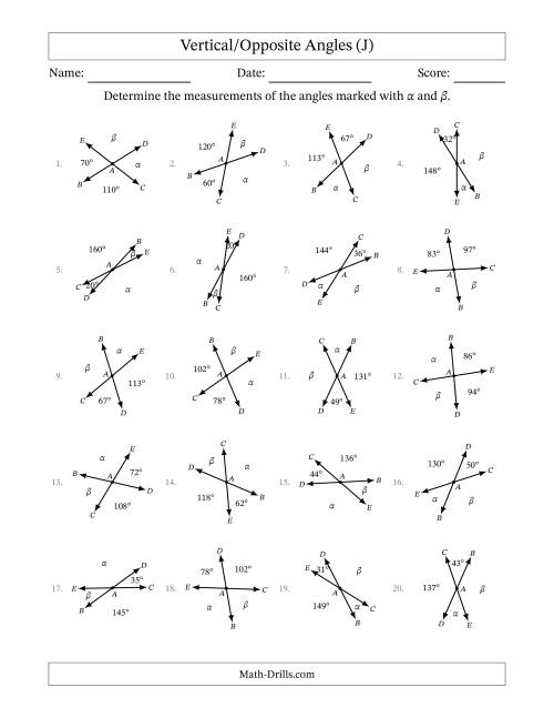 The Vertical/Opposite Angle Relationships with Rotated Diagrams (J) Math Worksheet