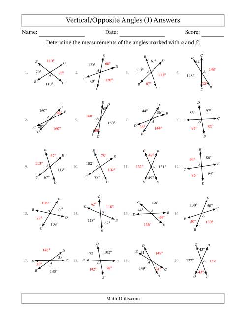 The Vertical/Opposite Angle Relationships with Rotated Diagrams (J) Math Worksheet Page 2