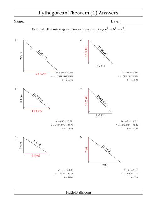 The Calculate a Cathetus Using Pythagorean Theorem (No Rotation) (G) Math Worksheet Page 2