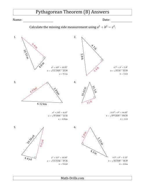 The Calculate a Cathetus Using Pythagorean Theorem (B) Math Worksheet Page 2