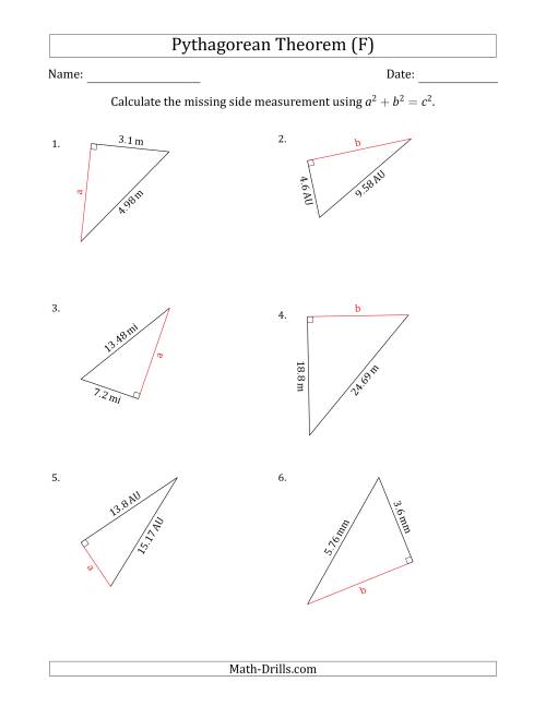 The Calculate a Cathetus Using Pythagorean Theorem (F) Math Worksheet