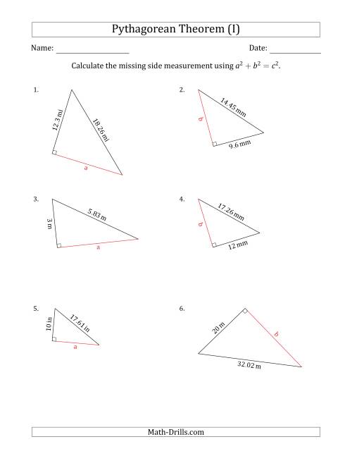 The Calculate a Cathetus Using Pythagorean Theorem (I) Math Worksheet