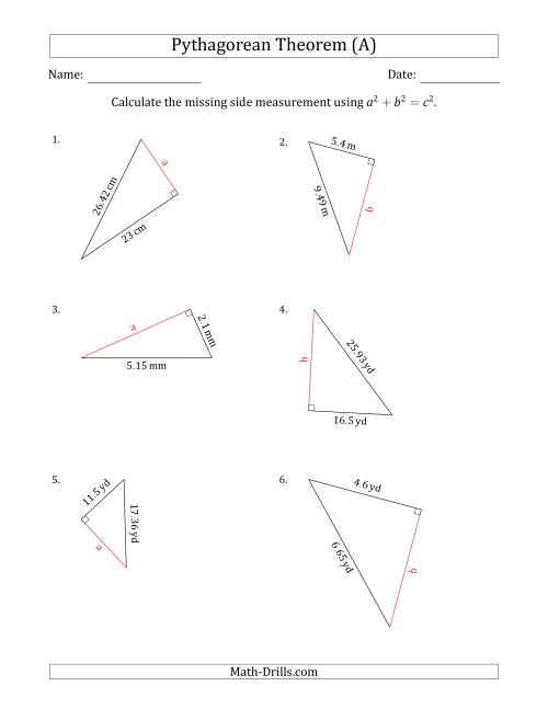 The Calculate a Cathetus Using Pythagorean Theorem (All) Math Worksheet