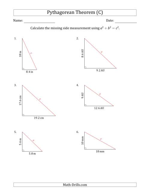 The Calculate the Hypotenuse Using Pythagorean Theorem (No Rotation) (C) Math Worksheet