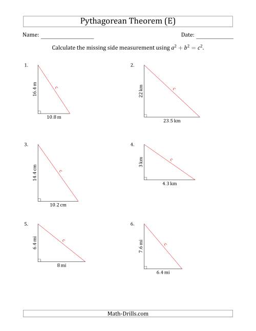 The Calculate the Hypotenuse Using Pythagorean Theorem (No Rotation) (E) Math Worksheet