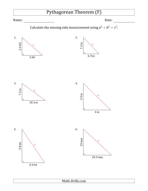 The Calculate the Hypotenuse Using Pythagorean Theorem (No Rotation) (F) Math Worksheet