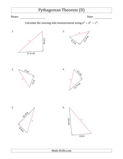 The Calculate the Hypotenuse Using Pythagorean Theorem (D) Math Worksheet