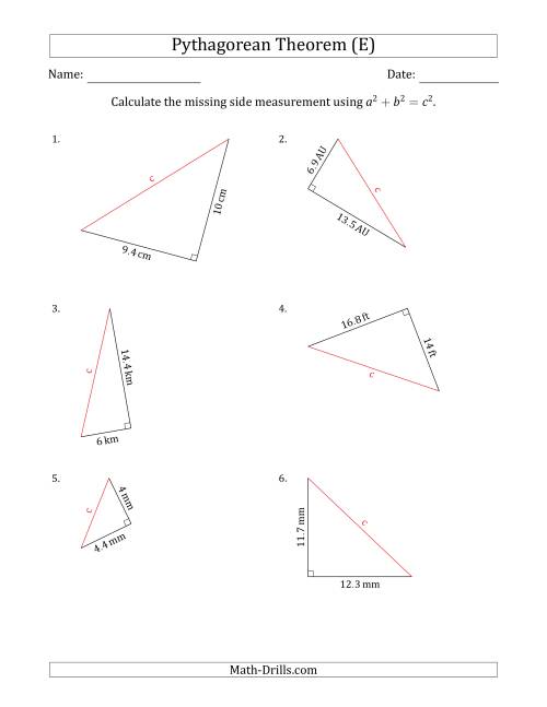 The Calculate the Hypotenuse Using Pythagorean Theorem (E) Math Worksheet