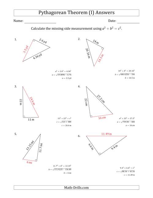 The Calculate a Side Measurement Using Pythagorean Theorem (I) Math Worksheet Page 2