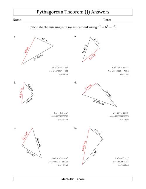 The Calculate a Side Measurement Using Pythagorean Theorem (J) Math Worksheet Page 2