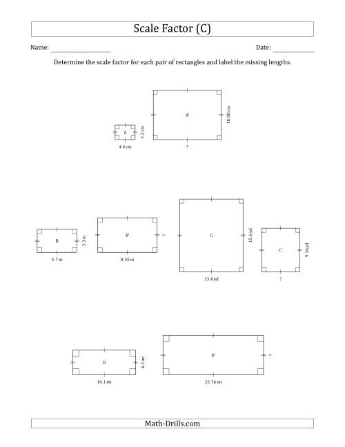 The Determine the Scale Factor Between Two Rectangles and Determine the Missing Lengths (Scale Factors in Intervals of 0.1) (C) Math Worksheet