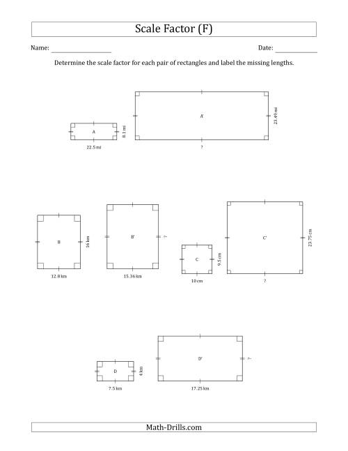 The Determine the Scale Factor Between Two Rectangles and Determine the Missing Lengths (Scale Factors in Intervals of 0.1) (F) Math Worksheet