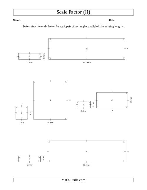 The Determine the Scale Factor Between Two Rectangles and Determine the Missing Lengths (Scale Factors in Intervals of 0.1) (H) Math Worksheet