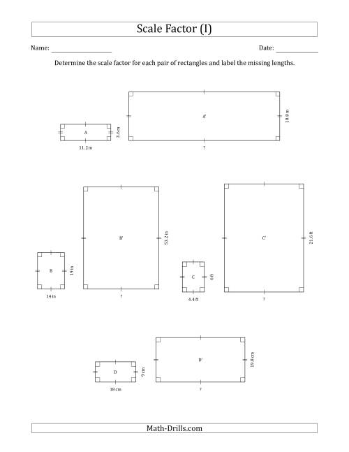 The Determine the Scale Factor Between Two Rectangles and Determine the Missing Lengths (Scale Factors in Intervals of 0.1) (I) Math Worksheet