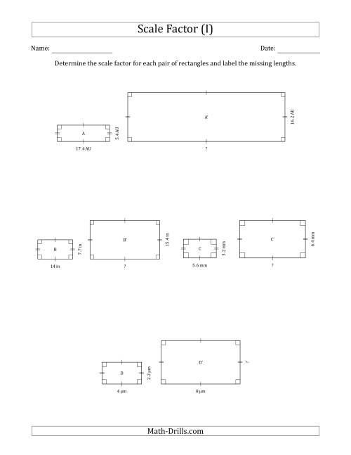 The Determine the Scale Factor Between Two Rectangles and Determine the Missing Lengths (Whole Number Scale Factors) (I) Math Worksheet