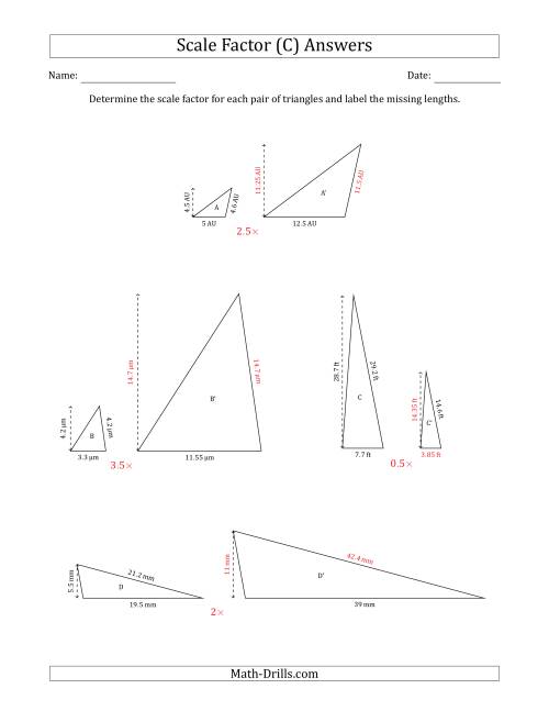 The Determine the Scale Factor Between Two Triangles and Determine the Missing Lengths (Scale Factors in Increments of 0.5) (C) Math Worksheet Page 2