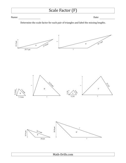 The Determine the Scale Factor Between Two Triangles and Determine the Missing Lengths (Scale Factors in Increments of 0.5) (F) Math Worksheet