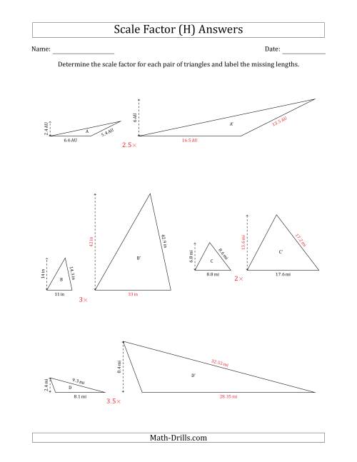 The Determine the Scale Factor Between Two Triangles and Determine the Missing Lengths (Scale Factors in Increments of 0.5) (H) Math Worksheet Page 2