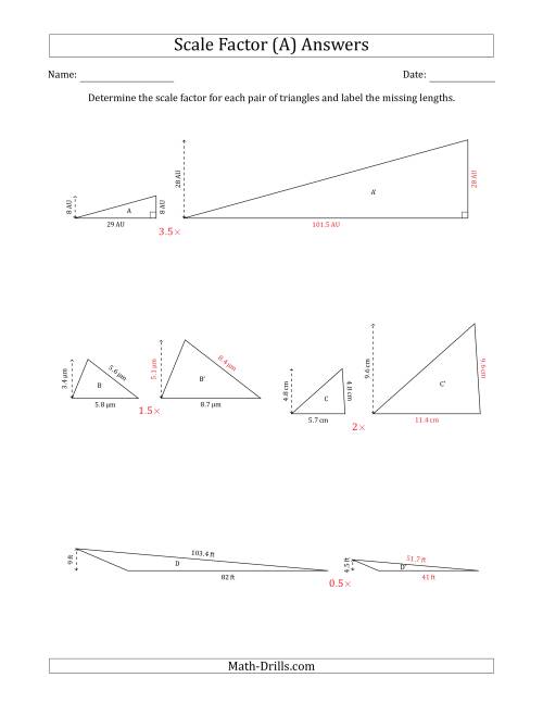 The Determine the Scale Factor Between Two Triangles and Determine the Missing Lengths (Scale Factors in Increments of 0.5) (All) Math Worksheet Page 2