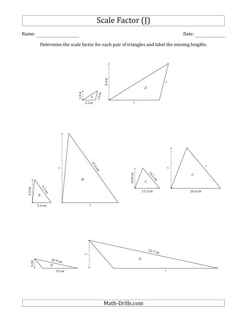 The Determine the Scale Factor Between Two Triangles and Determine the Missing Lengths (Whole Number Scale Factors) (J) Math Worksheet