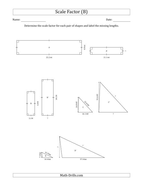 The Determine the Scale Factor Between Two Shapes and Determine the Missing Lengths (Scale Factors in Intervals of 0.5) (B) Math Worksheet