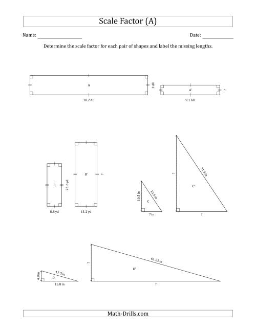 The Determine the Scale Factor Between Two Shapes and Determine the Missing Lengths (Scale Factors in Intervals of 0.5) (All) Math Worksheet